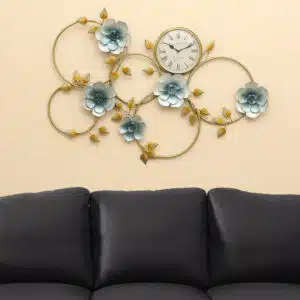 Metal Waterhouse Flower Wall Decor With Clock featuring powder-blue blooms and golden leaves, large floral wall art by Vedas Homes