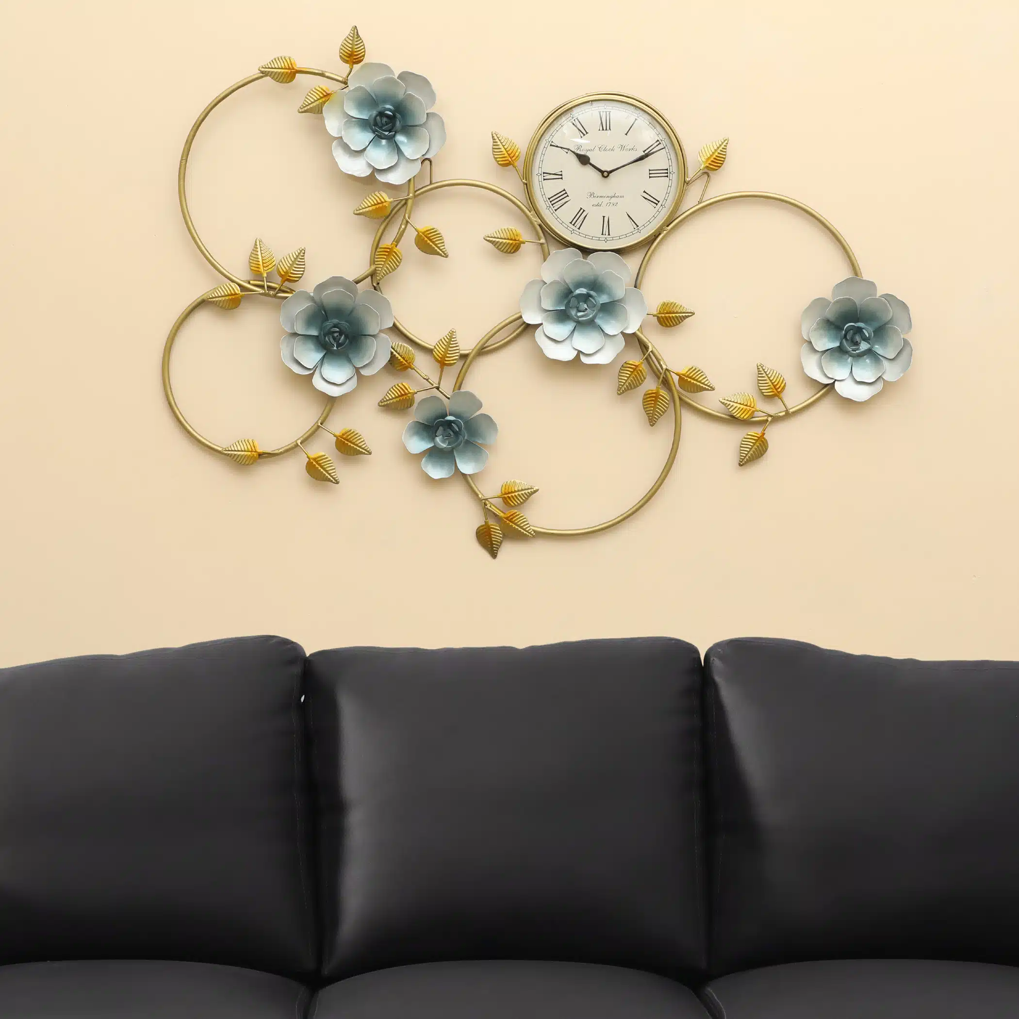 Metal Waterhouse Flower Wall Decor With Clock featuring powder-blue blooms and golden leaves, large floral wall art by Vedas Homes