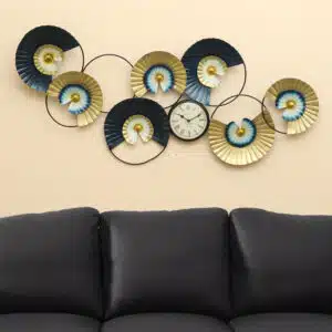 Metal Levan Abstract Circle Wall Decor With Clock featuring navy blue, black and gold fan-wheel discs, large contemporary wall art by Vedas Homes