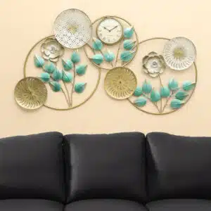 Bossa Leaves Botanical Metal Wall Decor Clock with teal leaves, cream floral accents and Roman numeral clock for living room wall decor