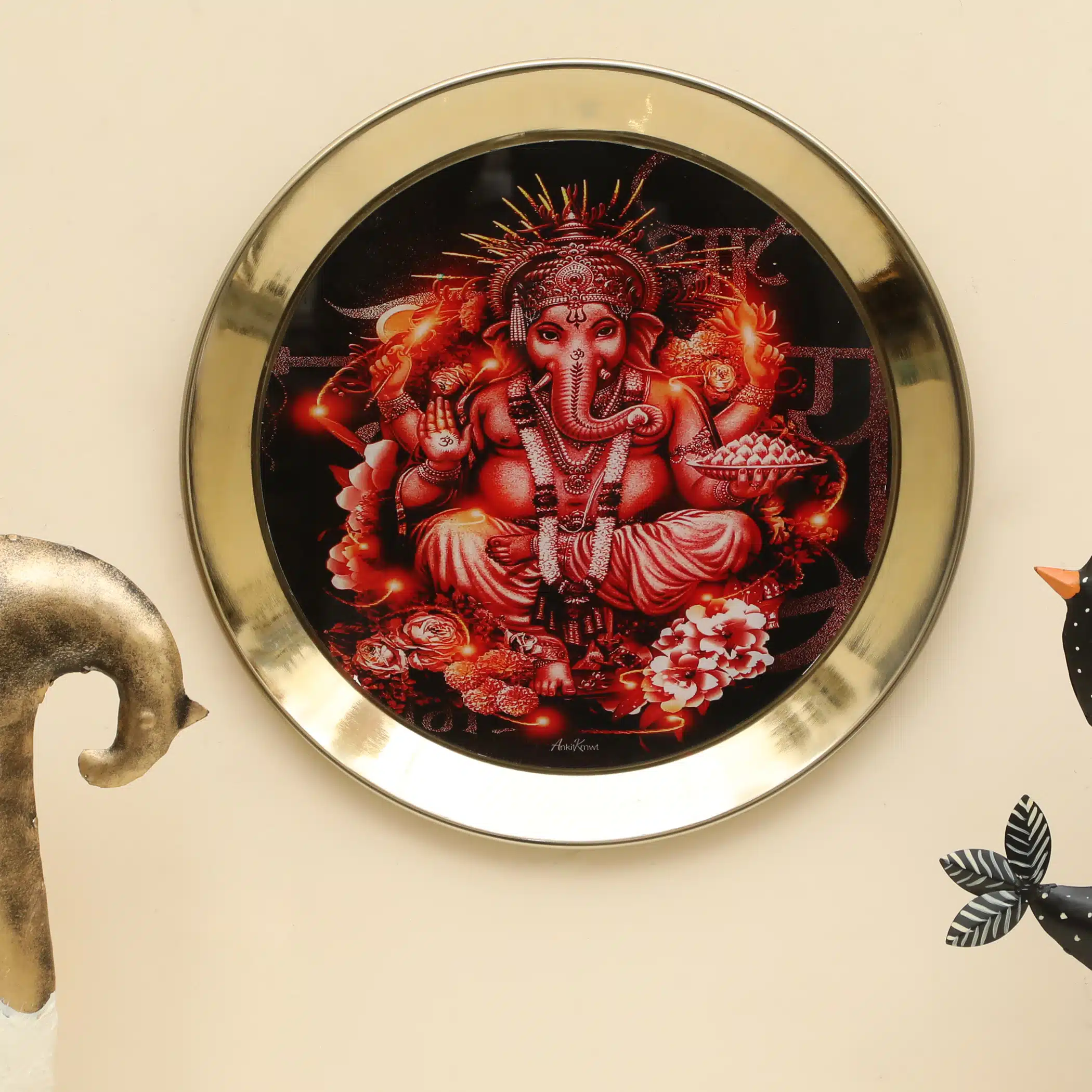 Ganesha Wall Plate - Blessing Ganesha Metal Glass Decor
