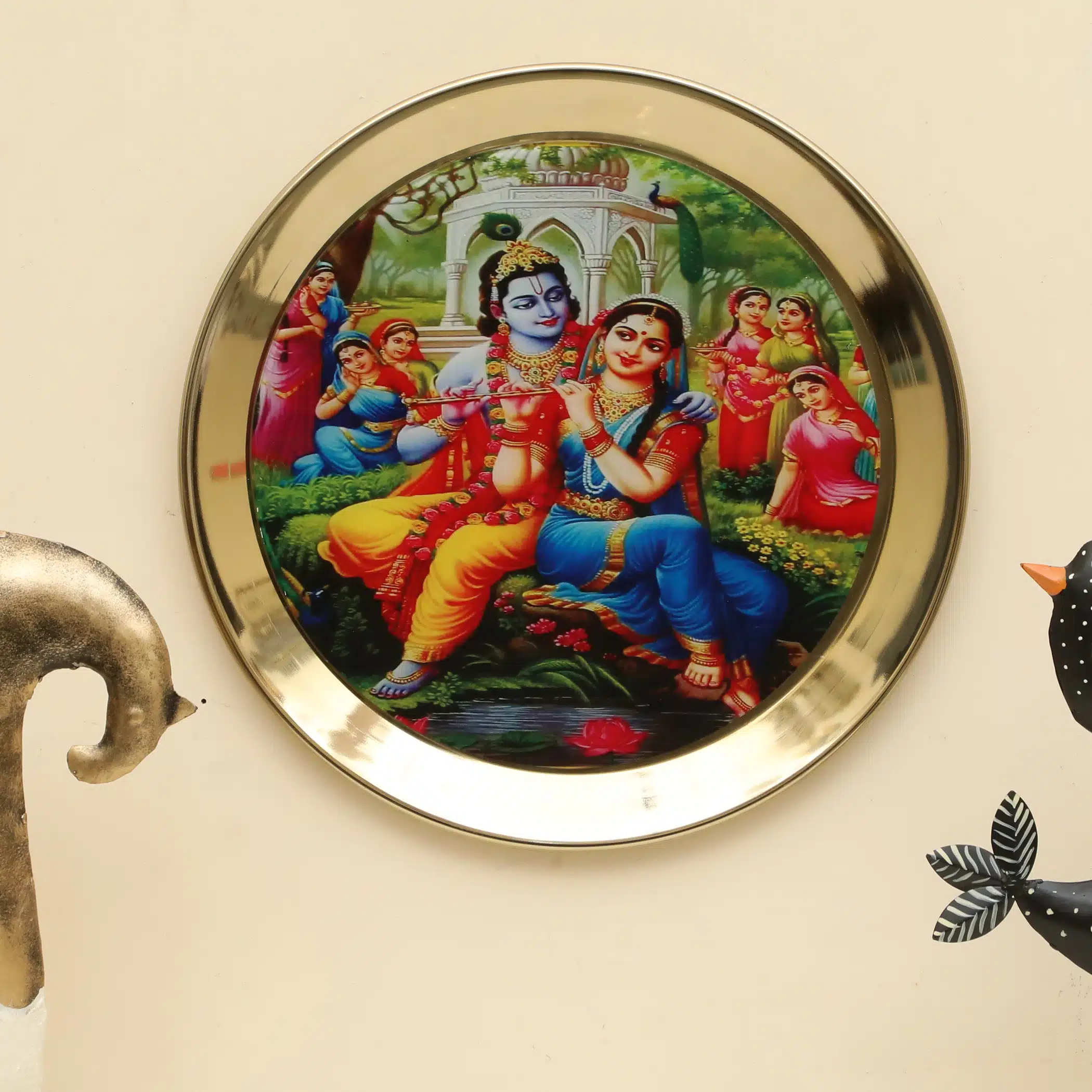 Radha Krishna Wall Plate - Metal Glass Printed Wall Decor