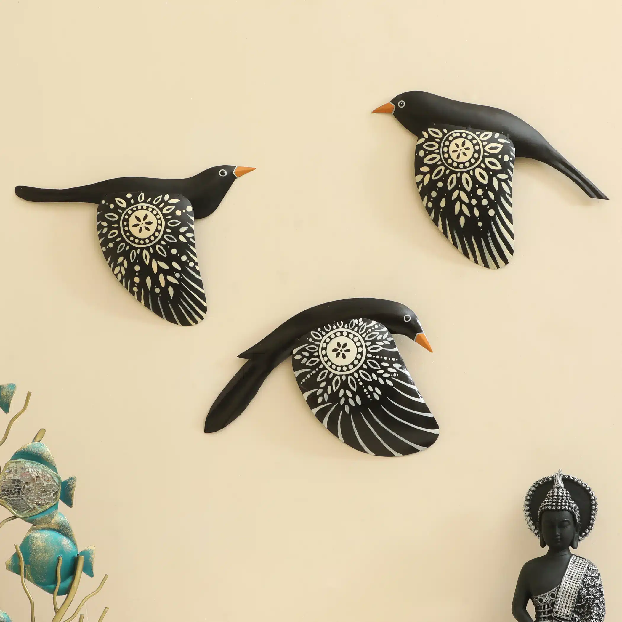 Handpainted Metal Flying Bird Wall Decor Set of 3 for Living Room