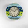 Zubin Wooden Round Wall Clock with cobalt blue and lime green ikat geometric pattern frame by Vedas Homes
