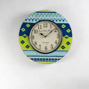Zubin Wooden Round Wall Clock with cobalt blue and lime green ikat geometric pattern frame by Vedas Homes
