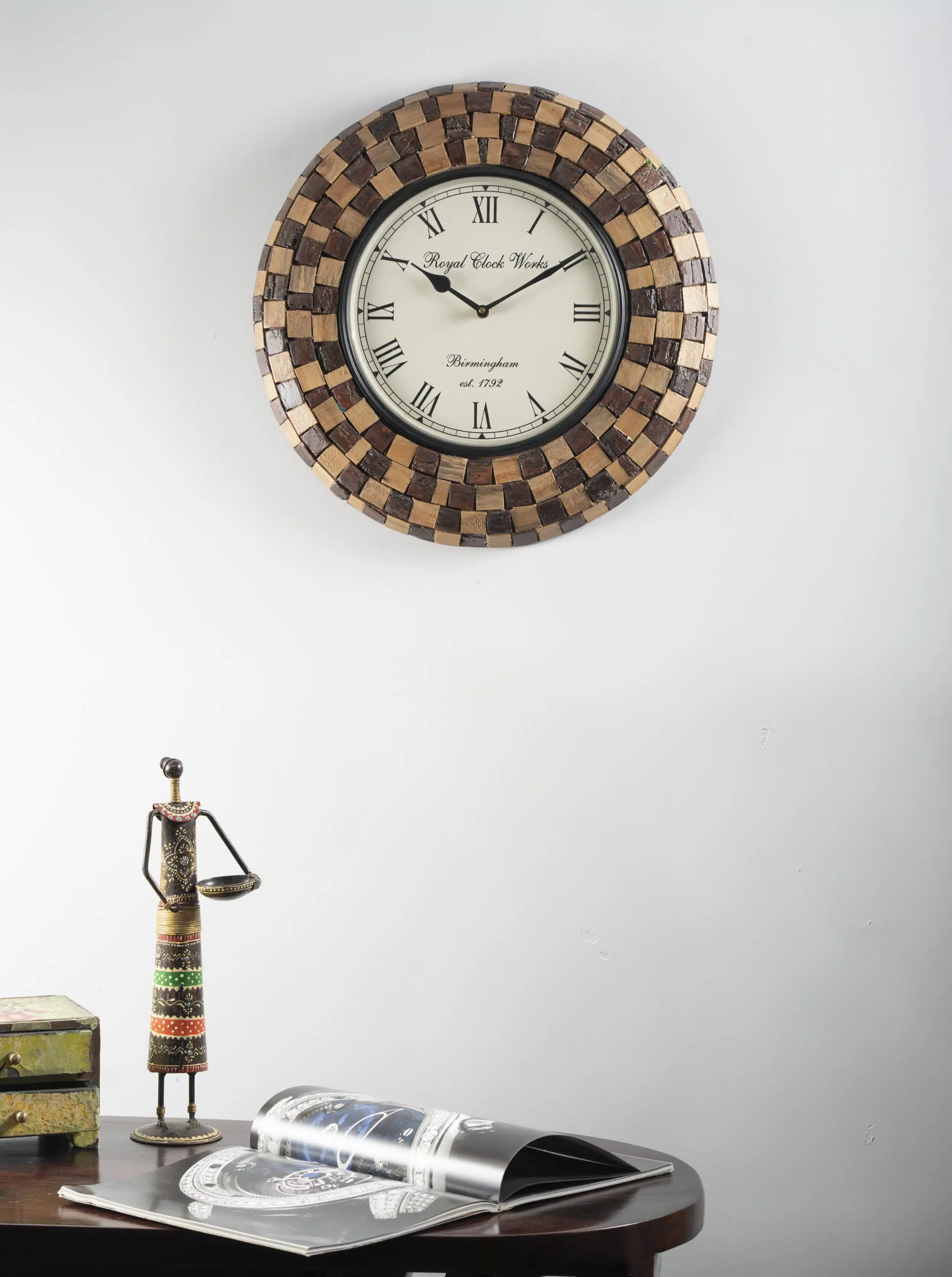 Tisya Heritage Wooden Wall Clock with polished finish for living room wall decor