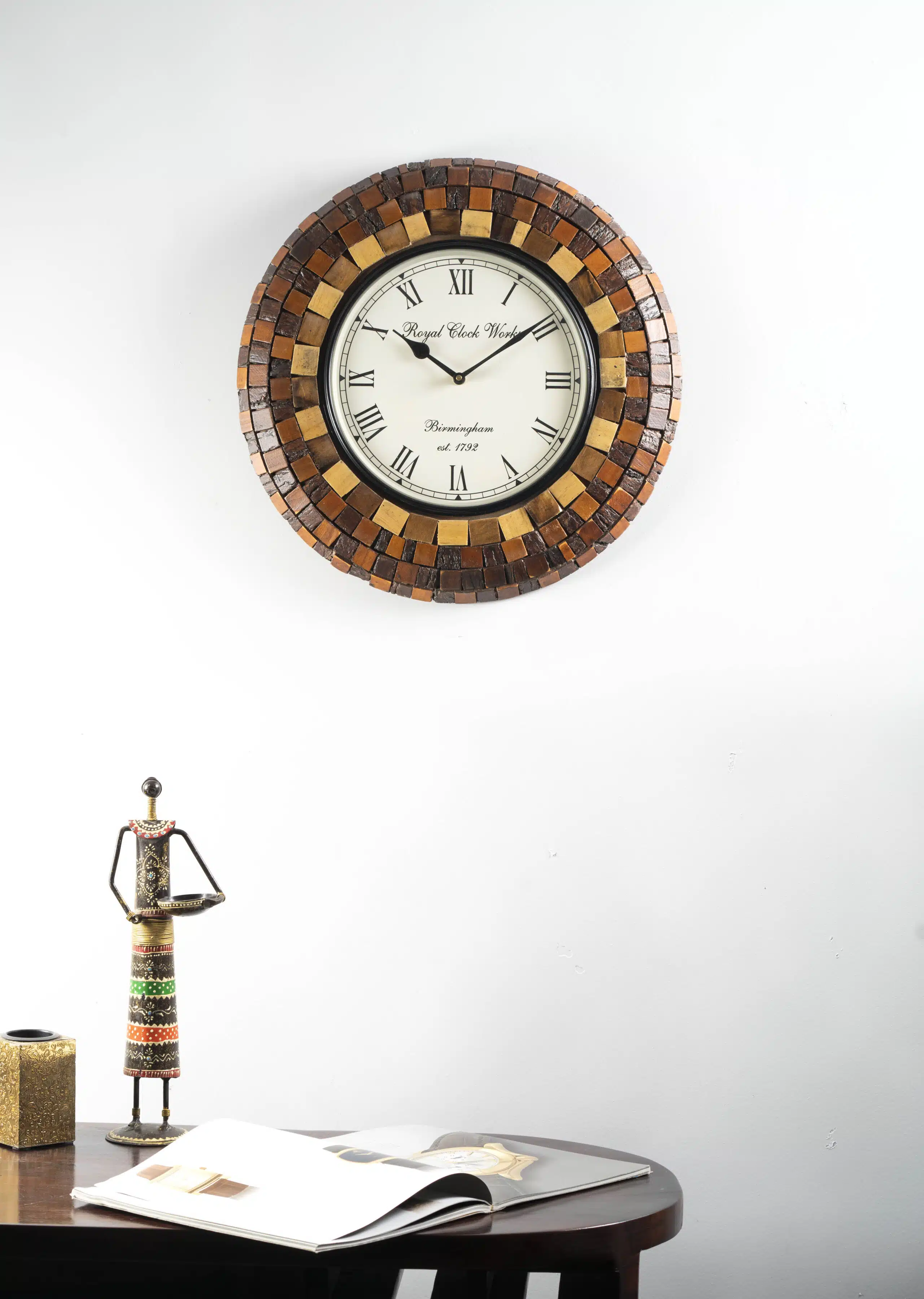 Vamika Heritage Wooden Wall Clock with mosaic wood frame and Roman numeral dial for living room decor