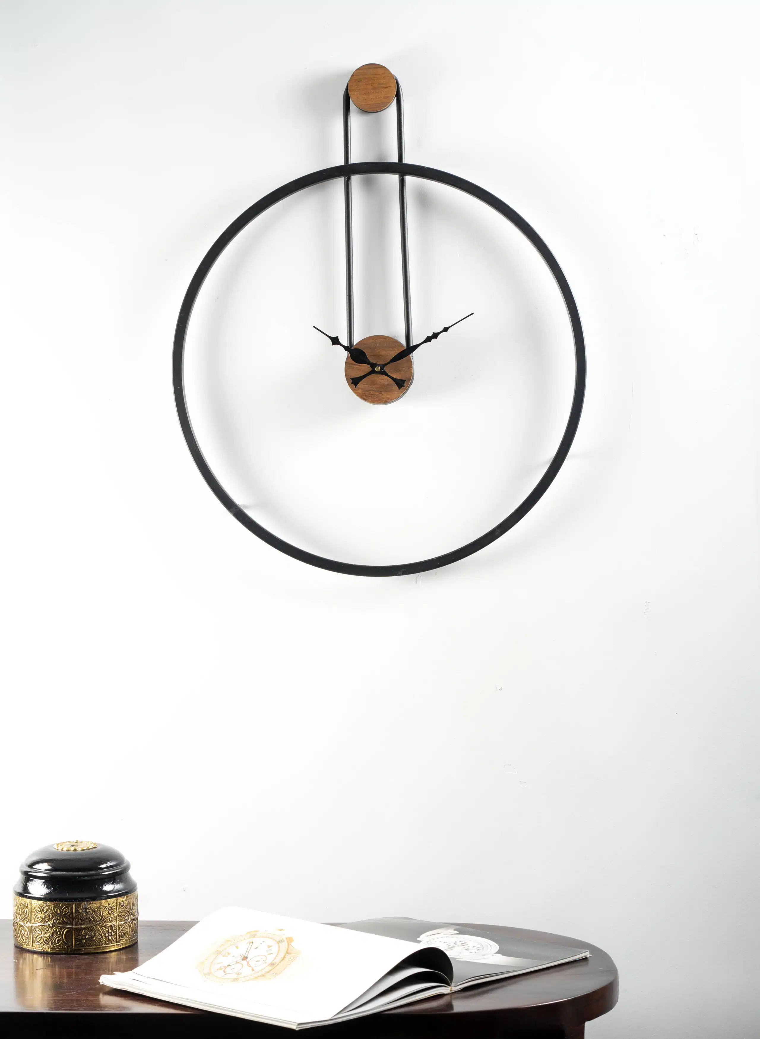 Vivian metal silent wall clock with black iron frame and walnut finish center for modern living room décor