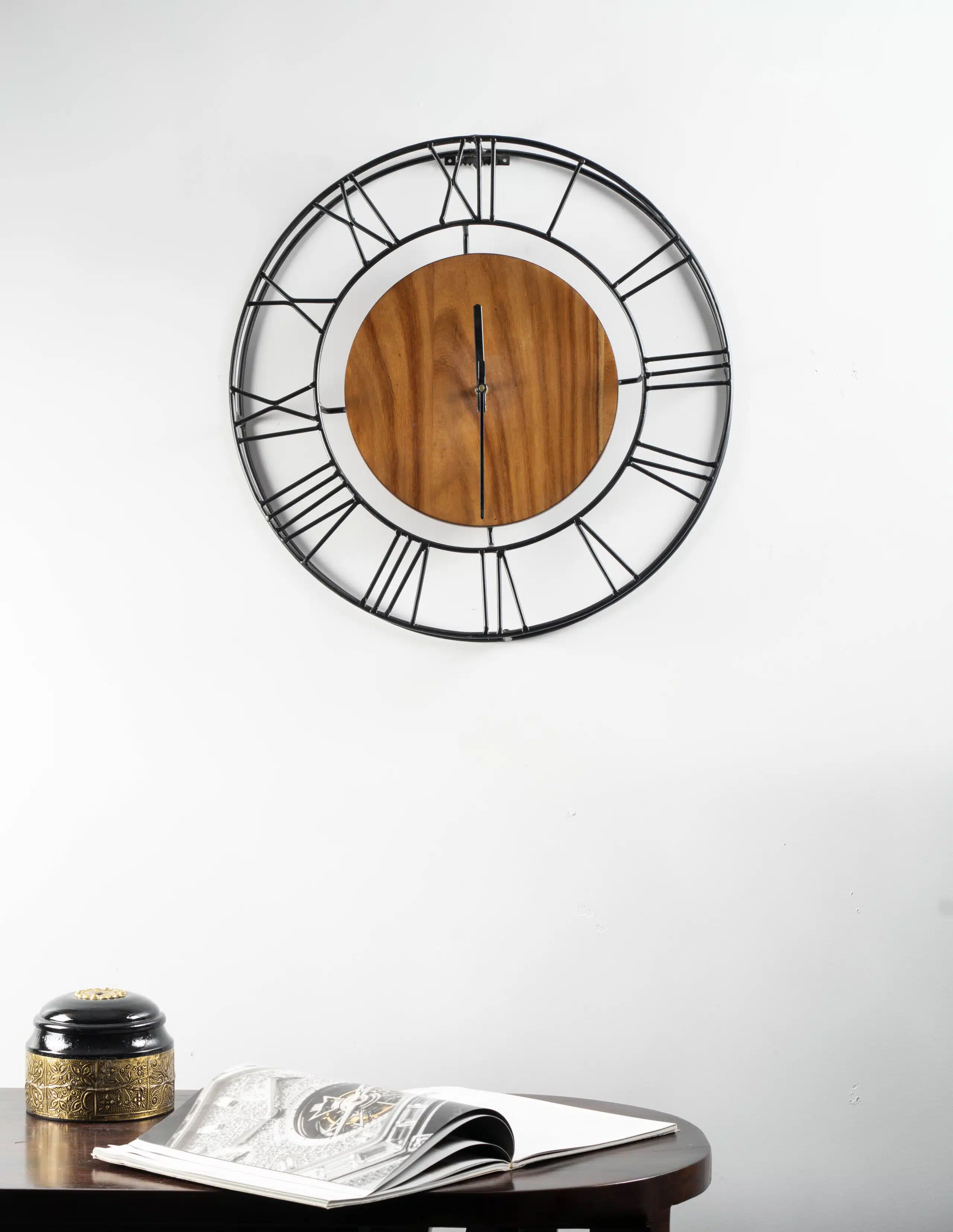 Ember Wooden and Metal Analog Wall Clock with open metal numeral ring and wood centre disc
