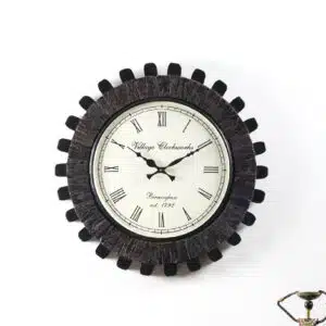Vedika Heritage Wooden Wall Clock with sculpted petal frame and Roman numeral dial for living room wall décor