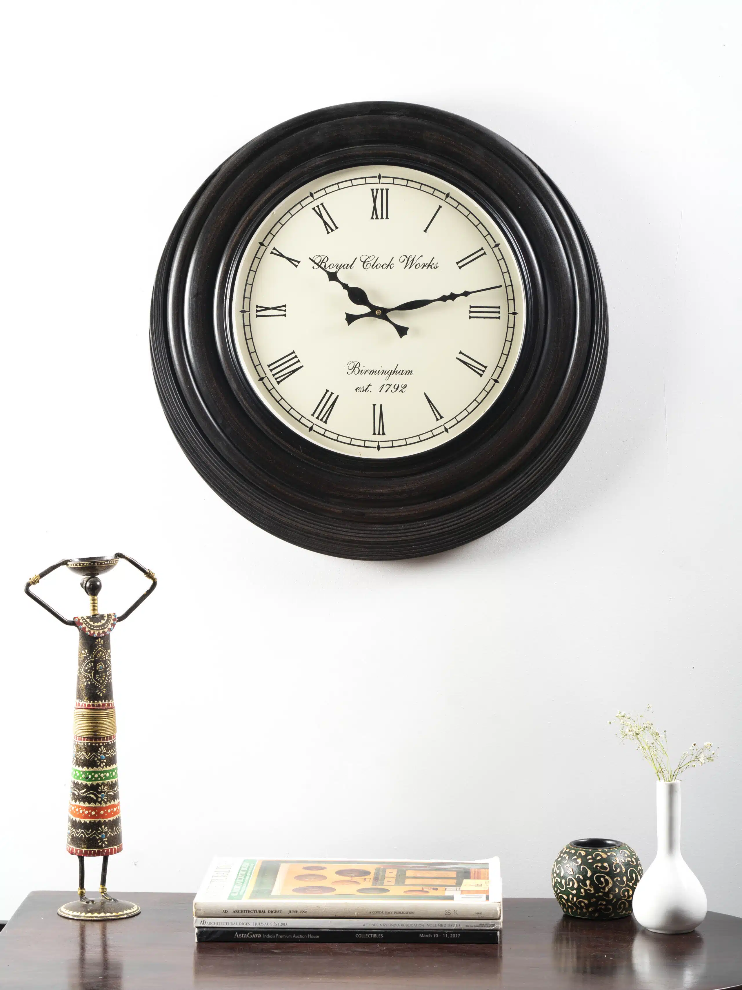 Richa Wooden Wall Clock with Roman Numeral Dial and Black Polished Frame