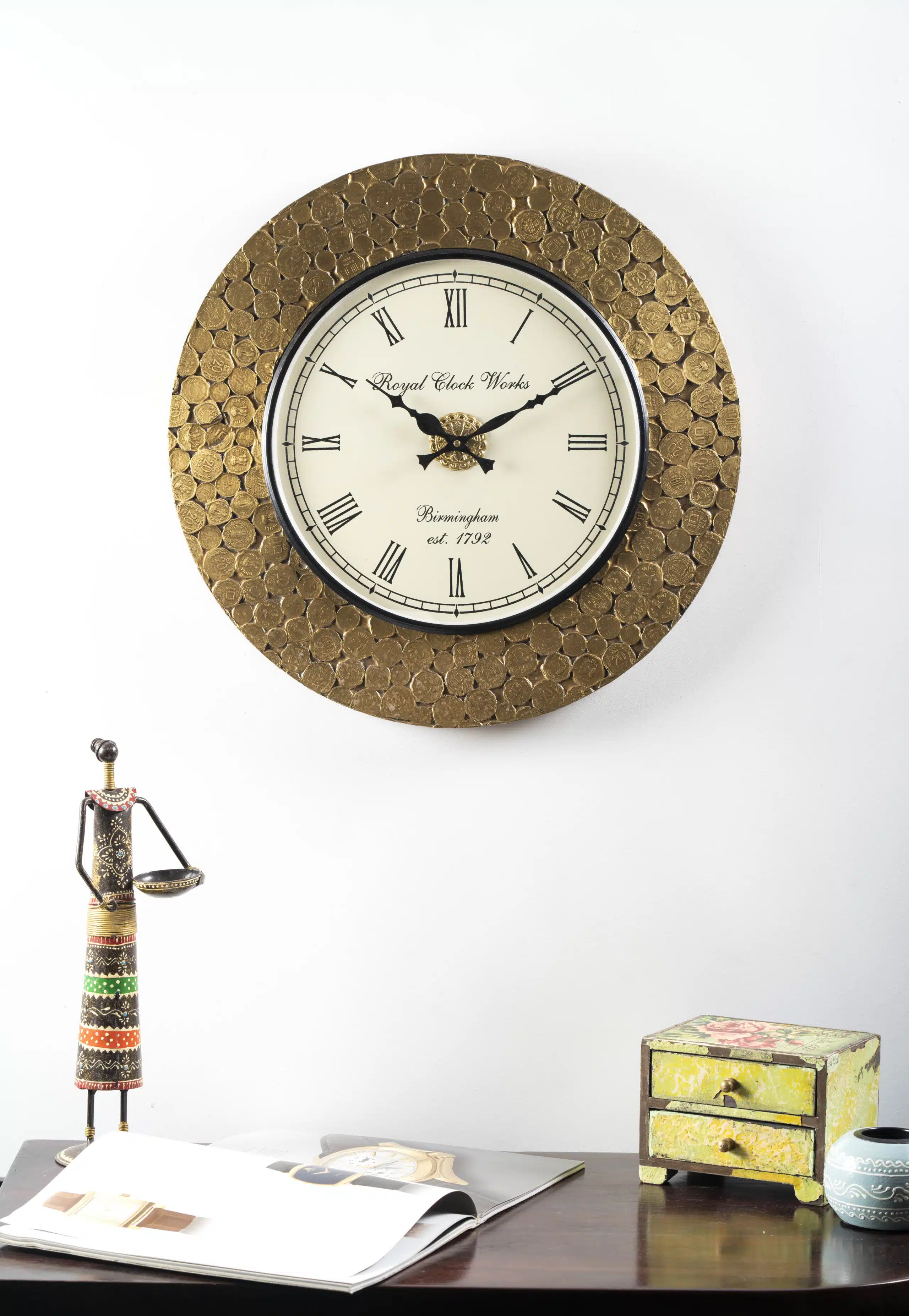 Ashvik Brass and Wooden Wall Clock with Decorative Heritage Frame