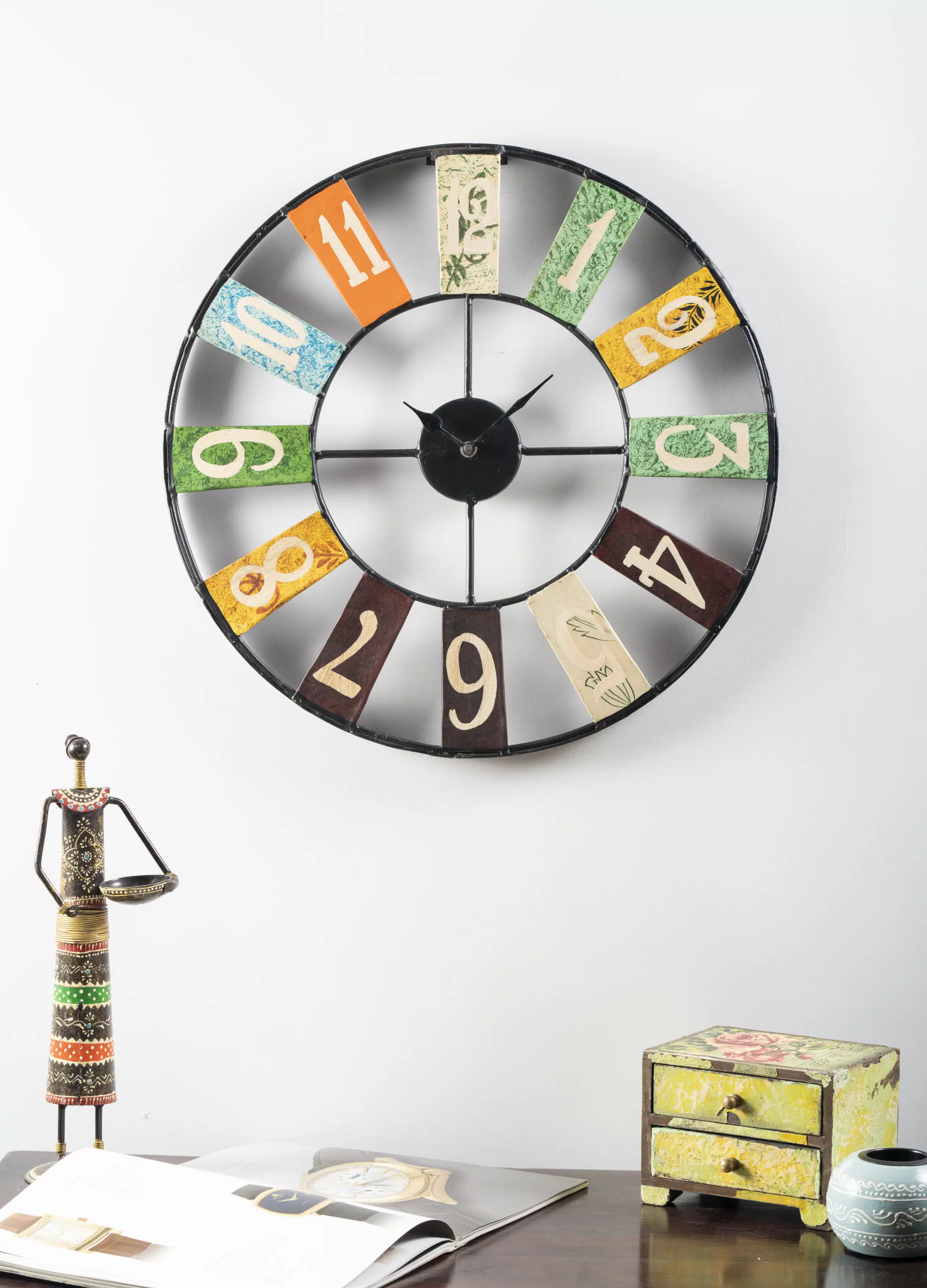 Darsh Metal Wall Clock with open spoke frame and colour-block numerals