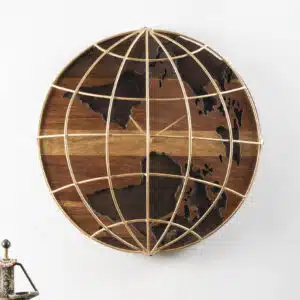 Rylan Heritage Metal Wooden Wall Clock in globe sculpture form with walnut wood and brass meridian detailing by Vedas Homes