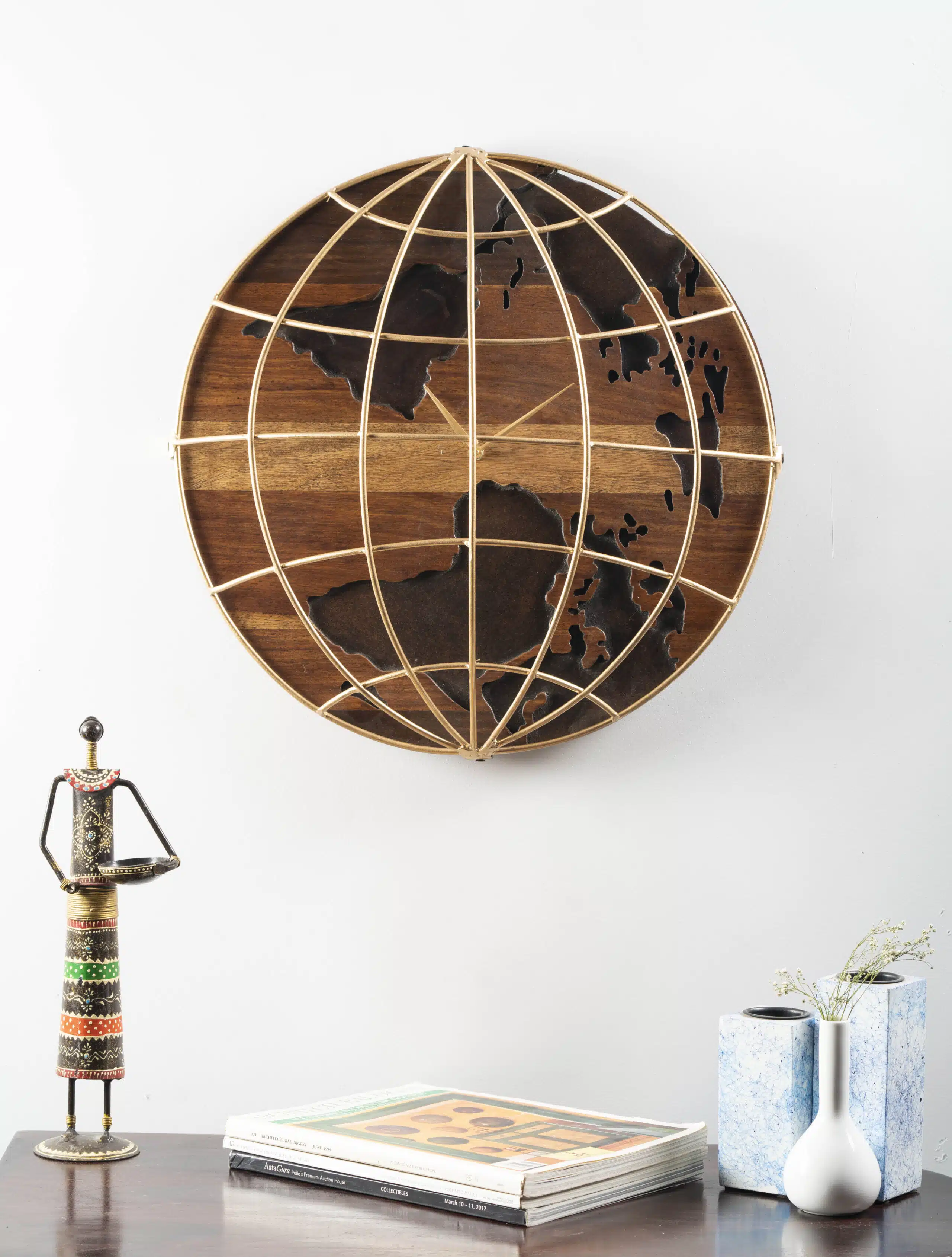 Rylan Heritage Metal Wooden Wall Clock in globe sculpture form with walnut wood and brass meridian detailing by Vedas Homes
