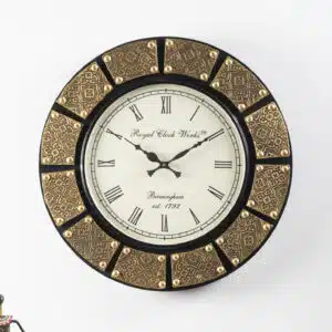 Vedas Exports Wooden & Metal Wall Clock for Living Room – Designer Wall Clock for Home, Bedroom, Office – Large Modern Wall Clock (Brass, 18 Inch)