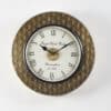 Sayan Wooden Polished and Brass Metal Fit Wall Clock with Art Deco fan-scale pattern frame and Roman numeral dial by Vedas Homes