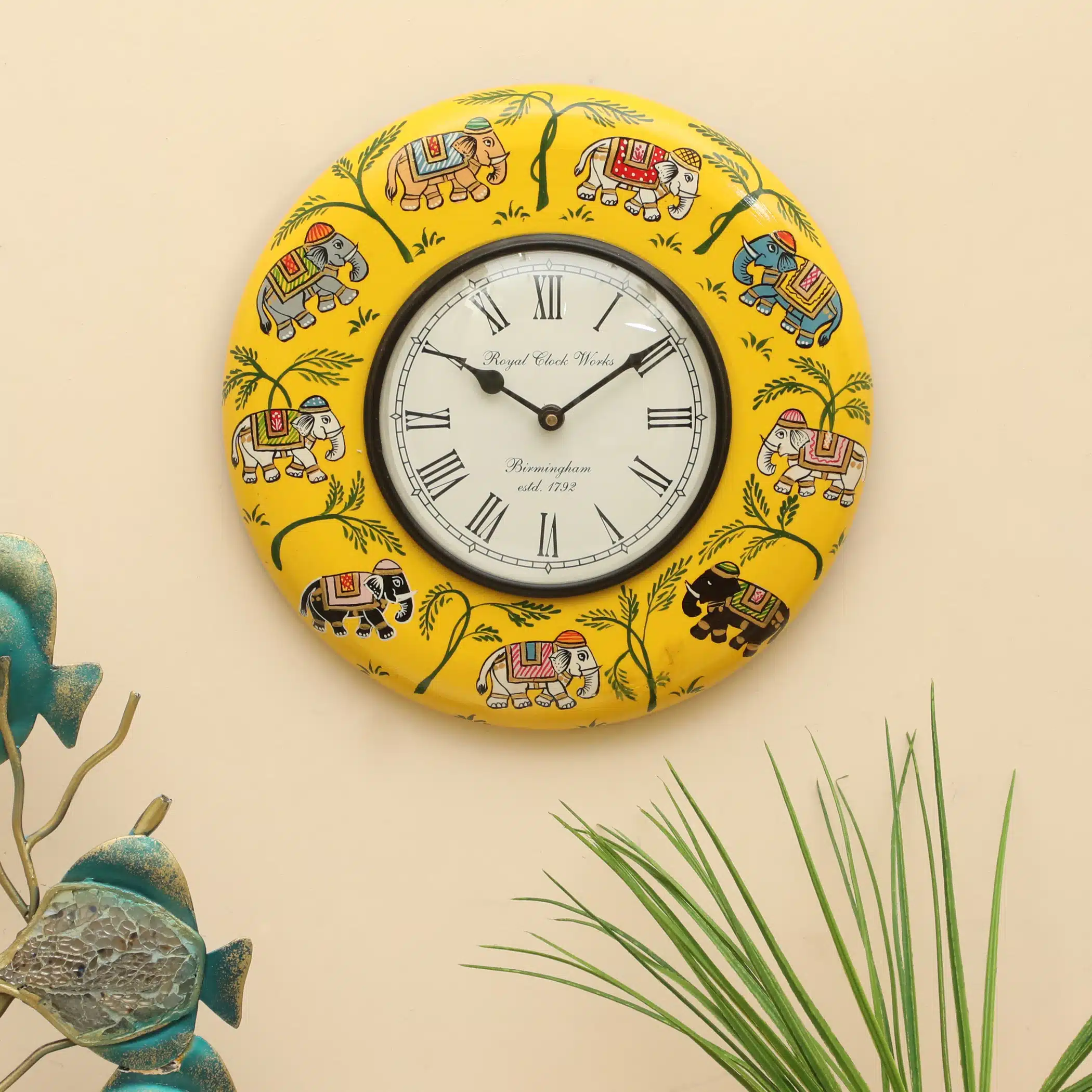Mason Handpainted Wooden Wall Clock with saffron yellow frame and Indian elephant folk-art motifs by Vedas Homes