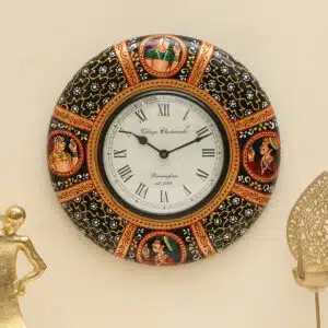 Srinika Handpainted Wooden Wall Clock with black Mughal miniature frame, gold scroll-work and royal court artwork by Vedas Homes
