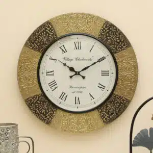 Yarra heritage wooden wall clock with floral embossed gold bronze frame and Roman numeral dial