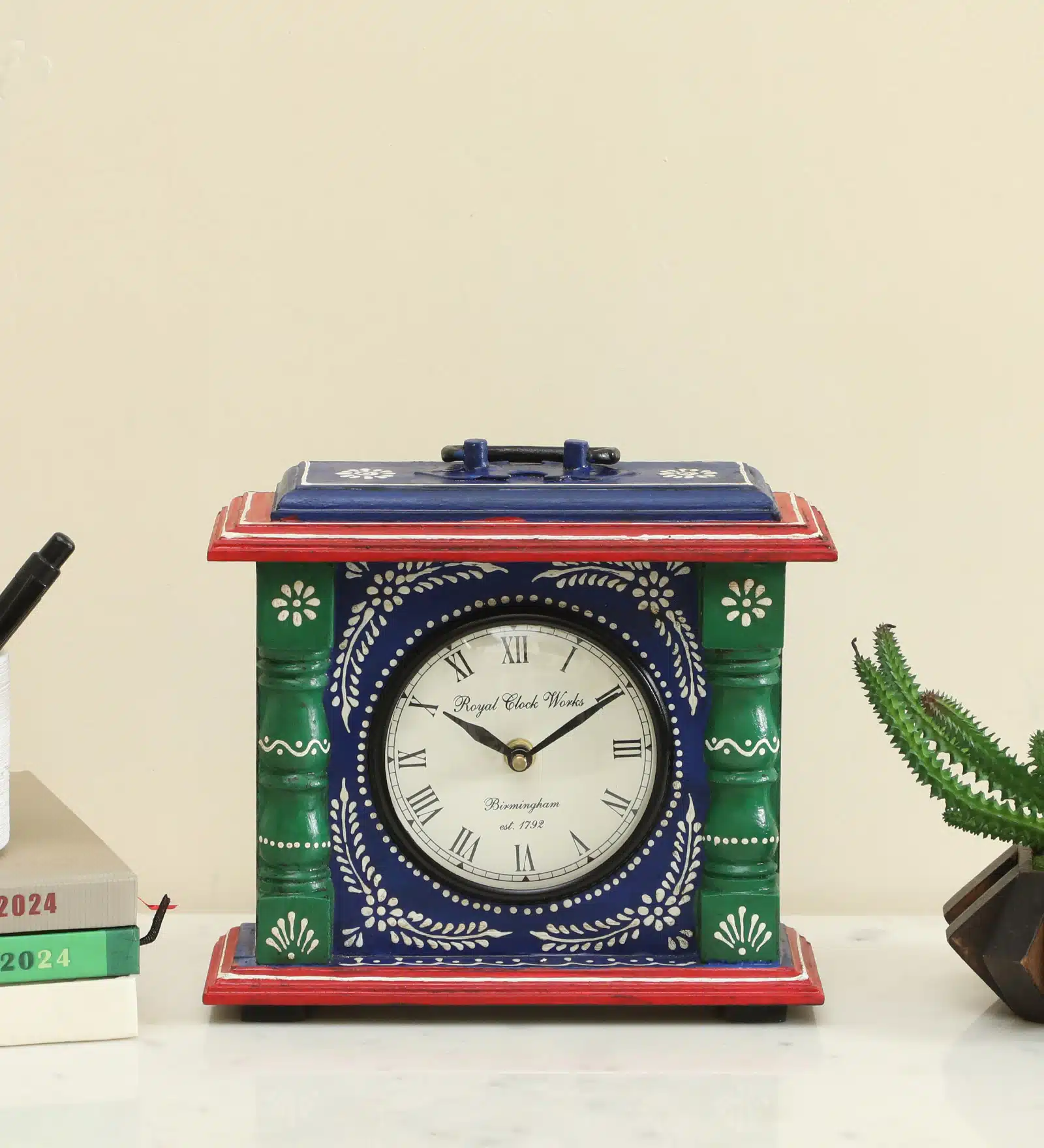 Eiko Handpainted Wooden Silent Non Ticking Table Clock