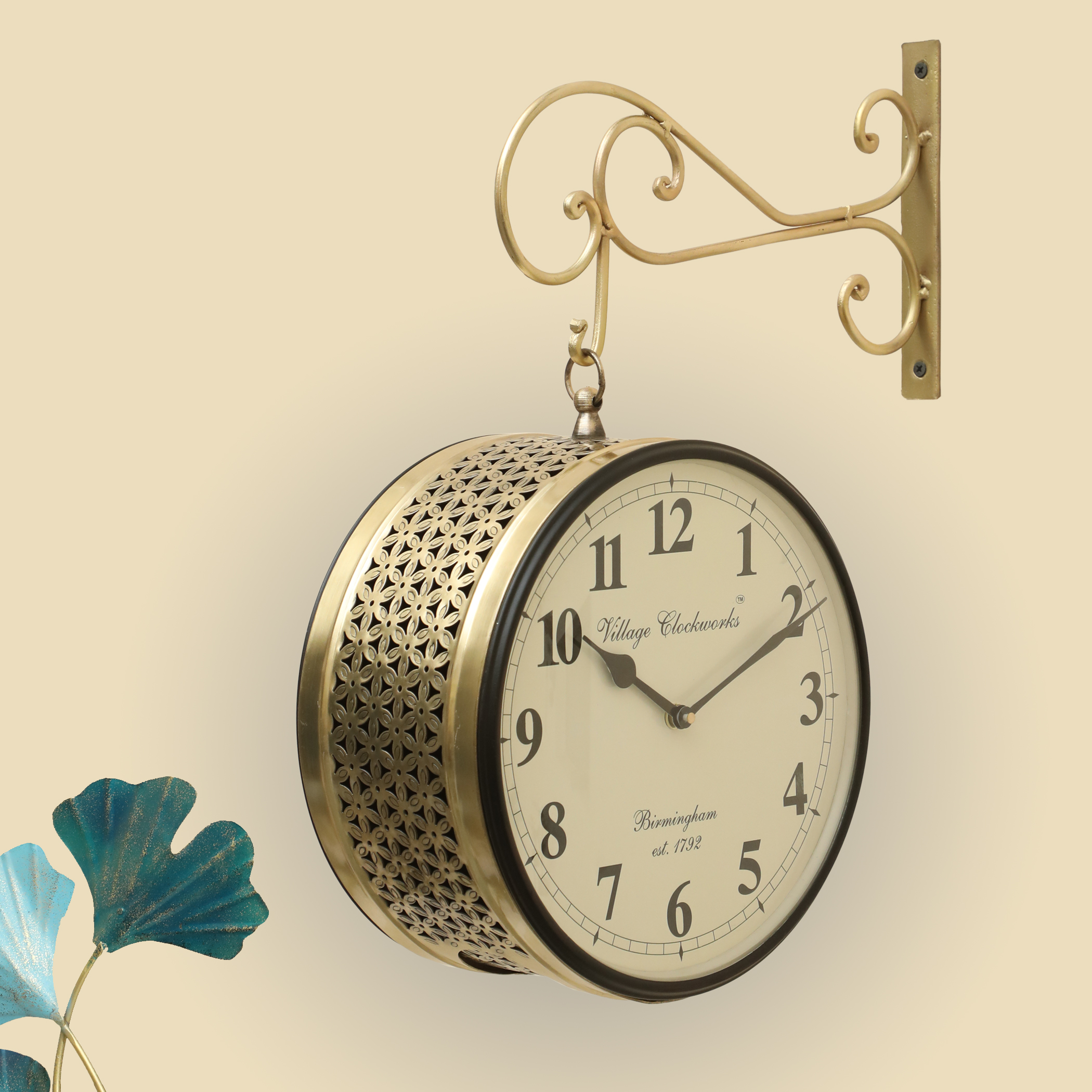 Anvi Metal Vintage Double Sided Analog Station Wall Clock (Gold)