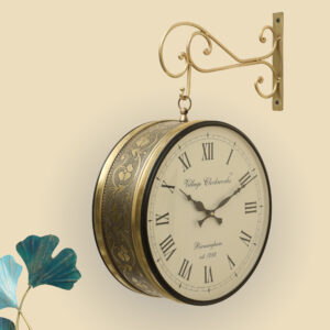 Rutvi Metal Vintage Double Sided Analog Station Wall Clock (Gold)