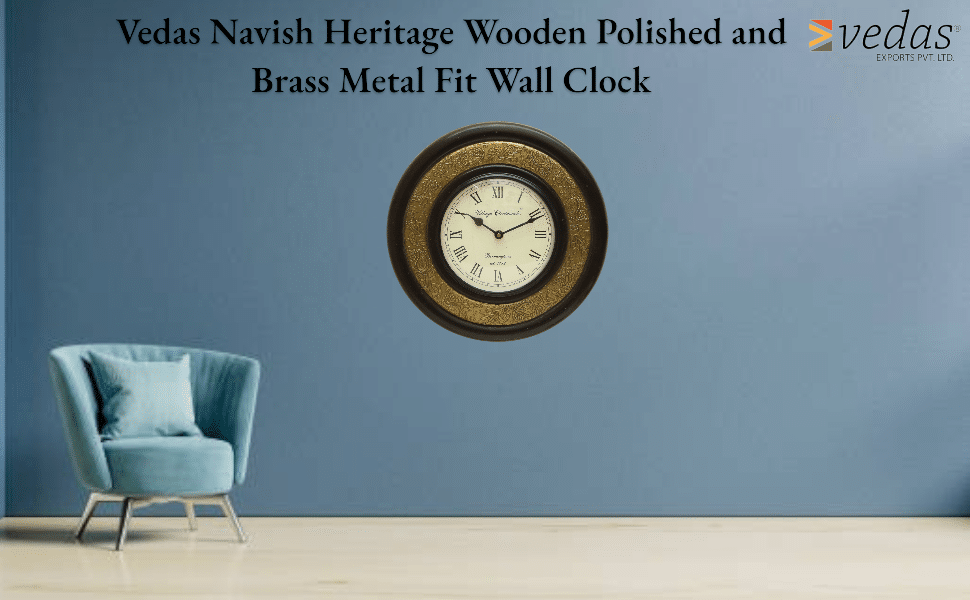 Vintage style wall clock with brass detailing and wooden frame