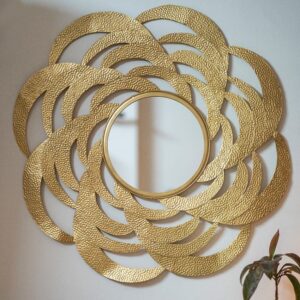 Gold Bee Balm Round Wall Mirror Modern Design Metal Frame