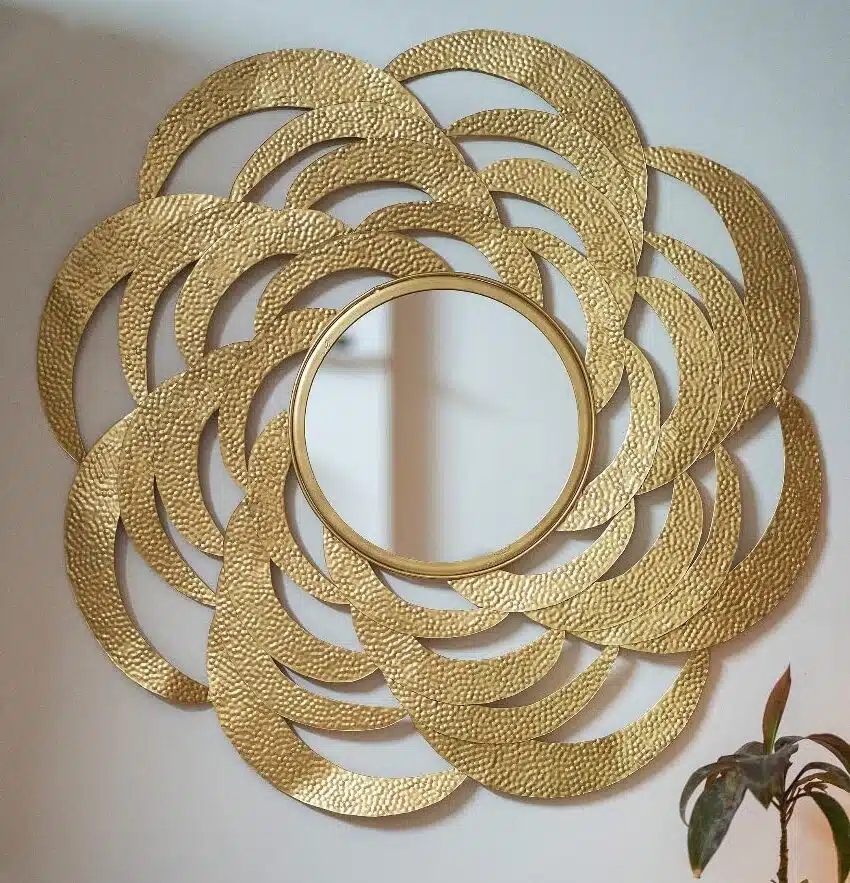 Gold Bee Balm Round Wall Mirror Modern Design Metal Frame