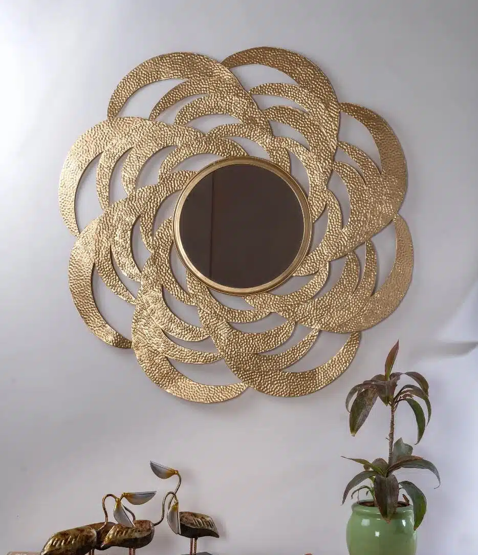 Gold Bee Balm Round Wall Mirror Modern Design Metal Frame - Image 2