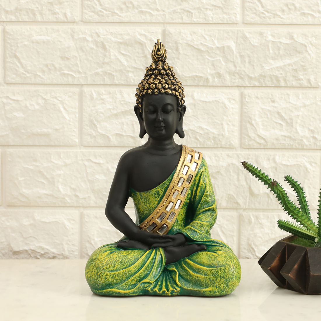 Polyresin Myat Buddha God Idol Showpiece Figurine Table Decor (Green)