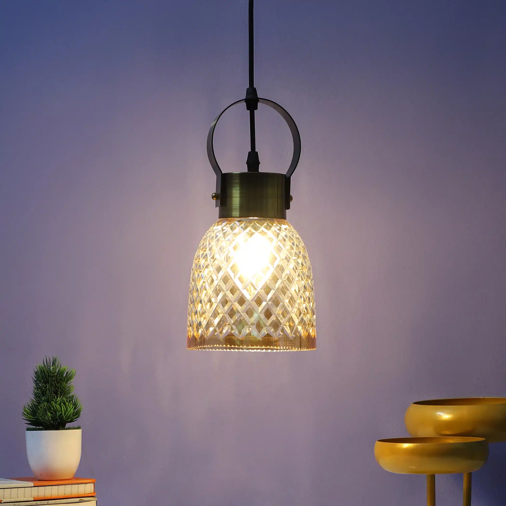 Crystal Lattice Glass Pendant Lamp - Diamond Cut Hanging Ceiling Light - Image 3