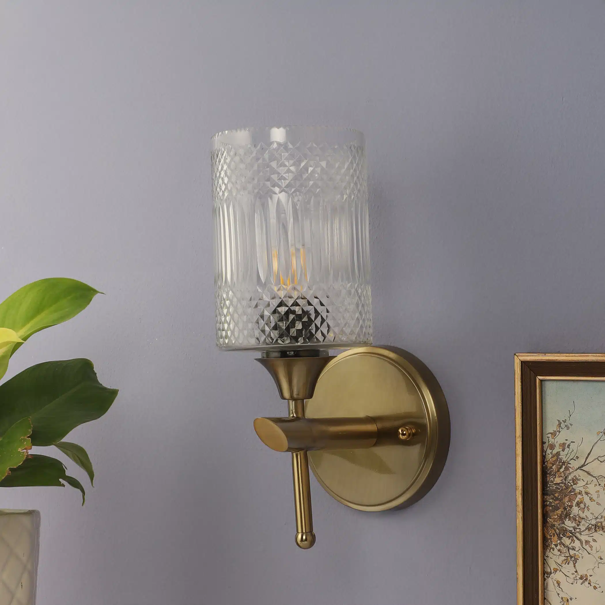 Crystal Column Wall Sconce - Ribbed Glass Wall Light in Antique Brass - Image 2