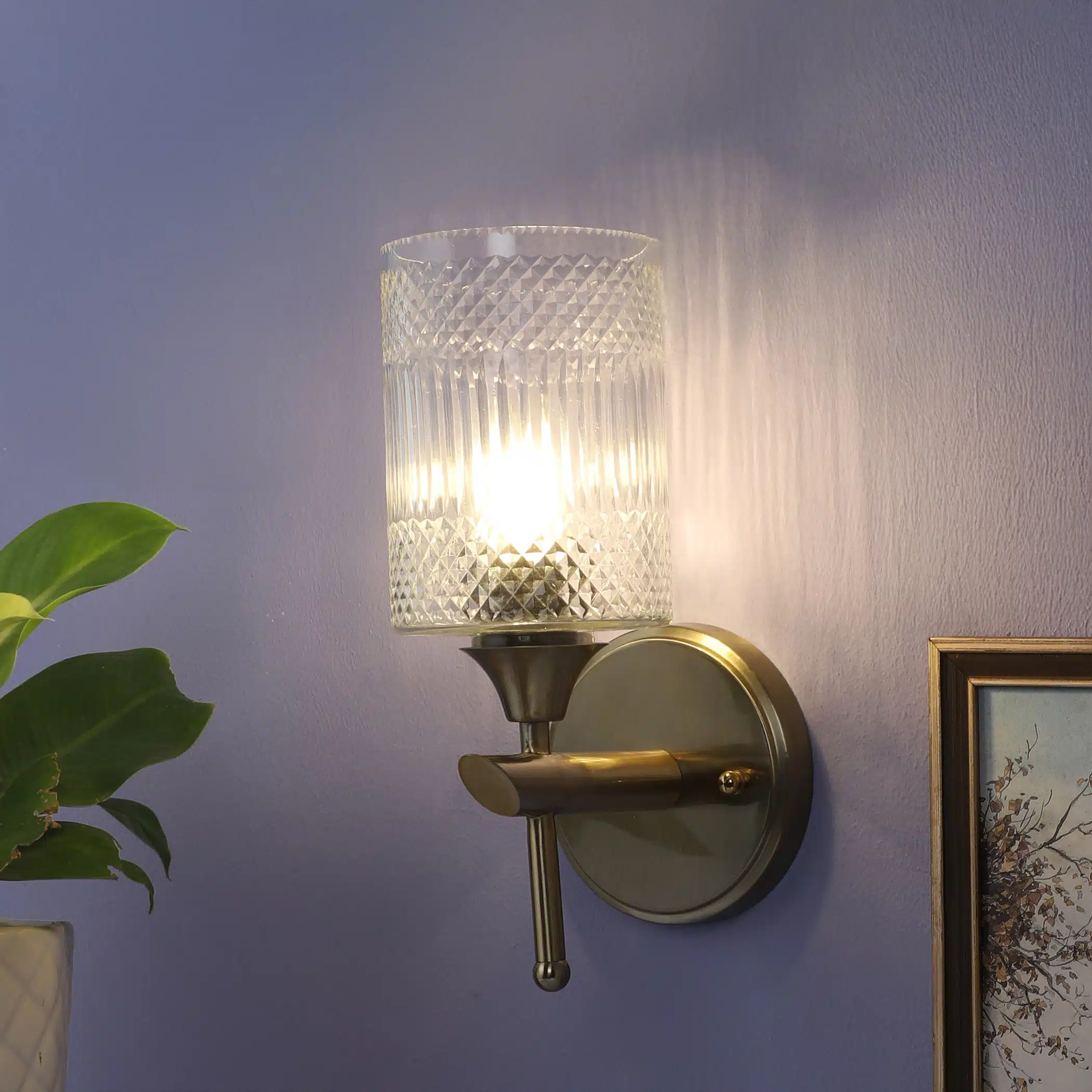 Crystal Column Wall Sconce - Ribbed Glass Wall Light in Antique Brass