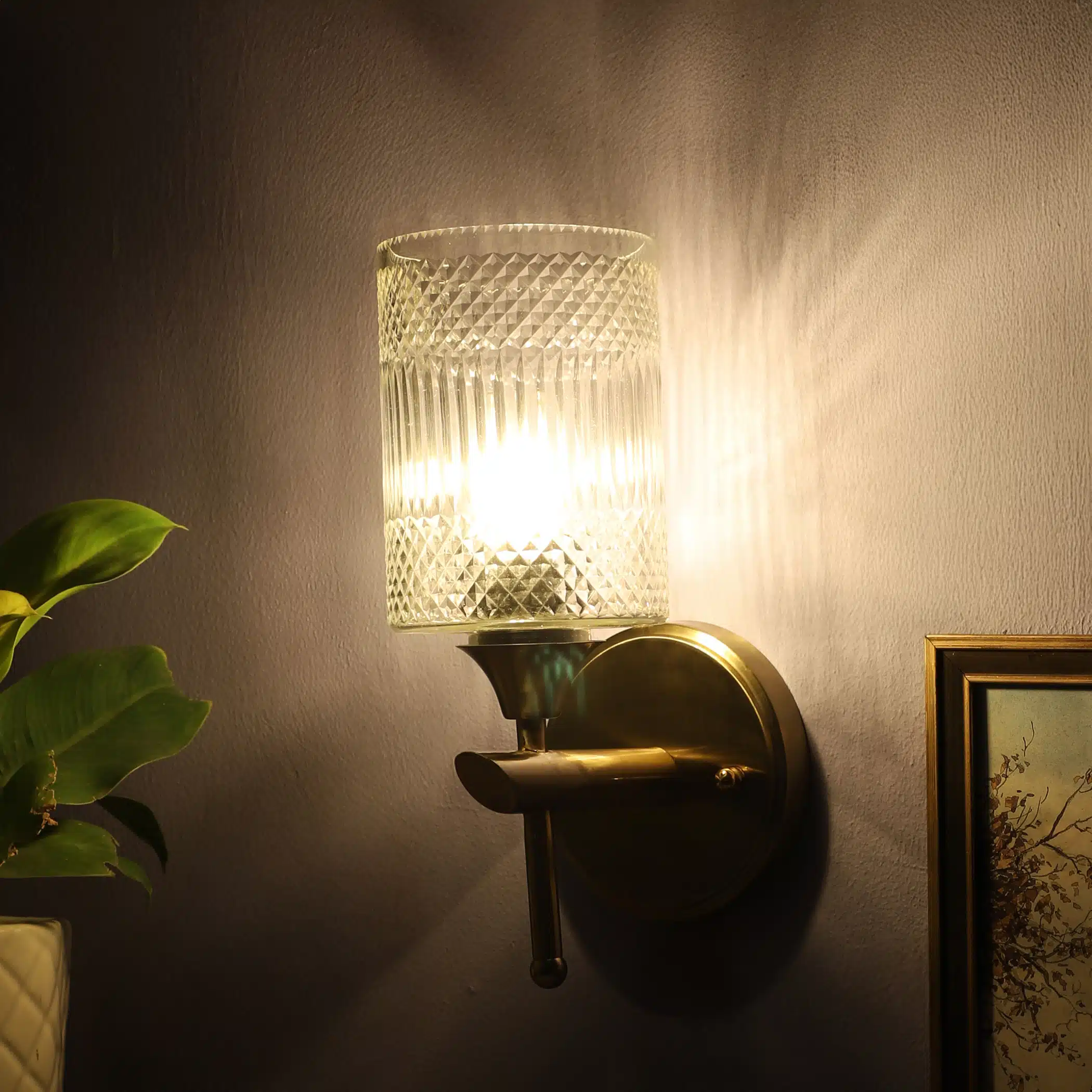Crystal Column Wall Sconce - Ribbed Glass Wall Light in Antique Brass - Image 3
