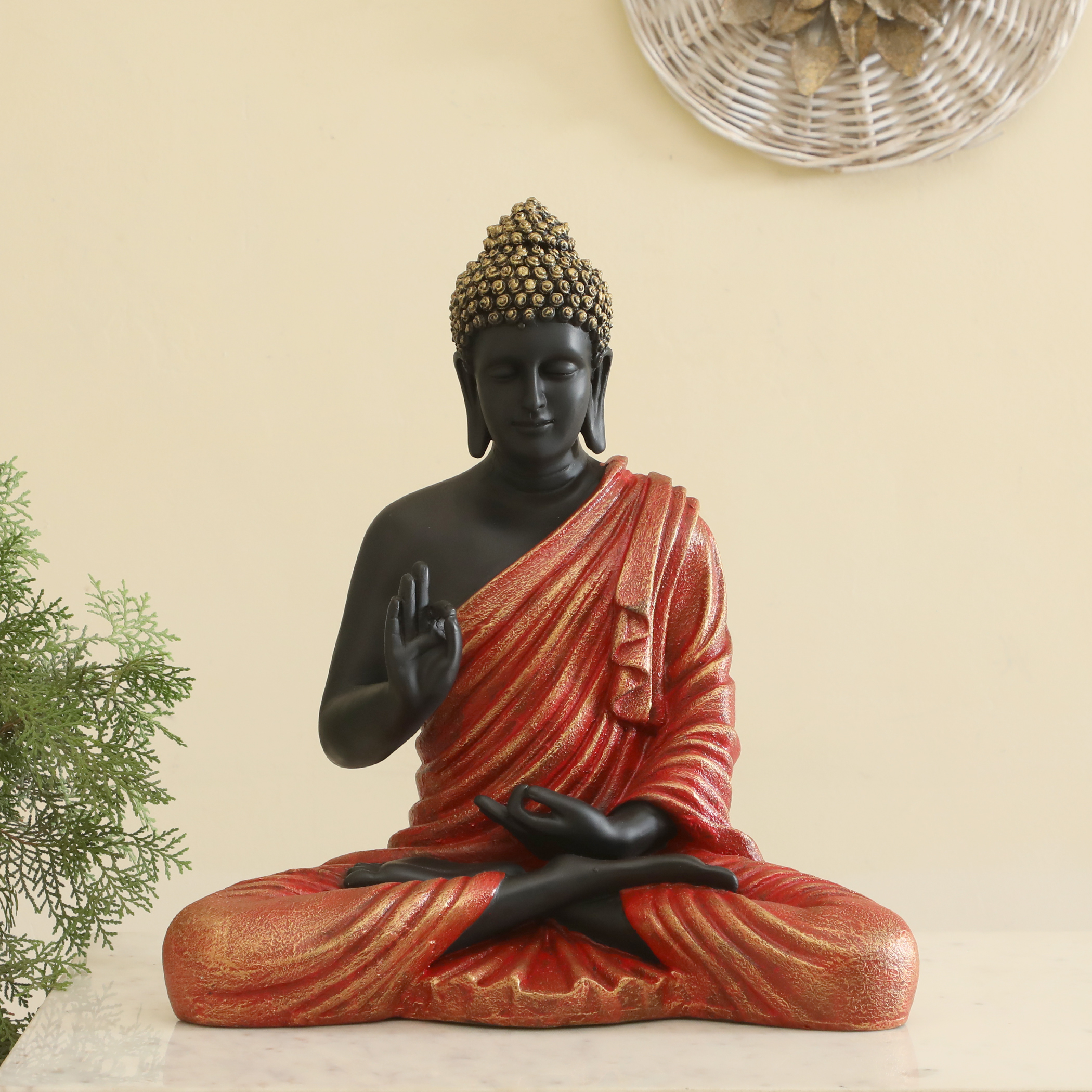 Polyresin Ory Buddha God Idol Showpiece Figurine Table Decor (Red & Black)