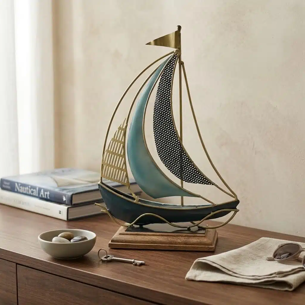 Vedas Exports Metal & Wood Boat Ship Showpiece for Home Decor – Table Decor Item for Living Room, Office Desk, Bedroom – Decorative Ship Model Gift Item (12 x 17 Inch) - Image 2