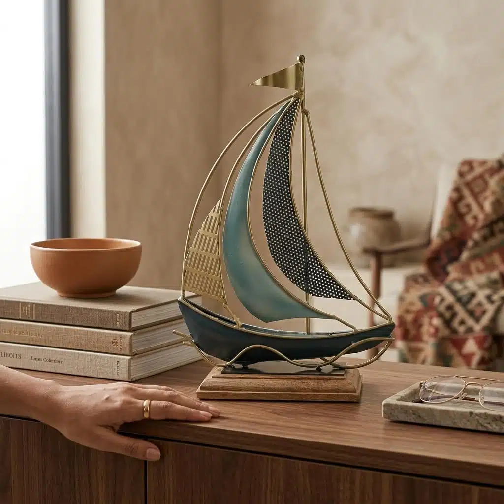 Vedas Exports Metal & Wood Boat Ship Showpiece for Home Decor – Table Decor Item for Living Room, Office Desk, Bedroom – Decorative Ship Model Gift Item (12 x 17 Inch) - Image 3