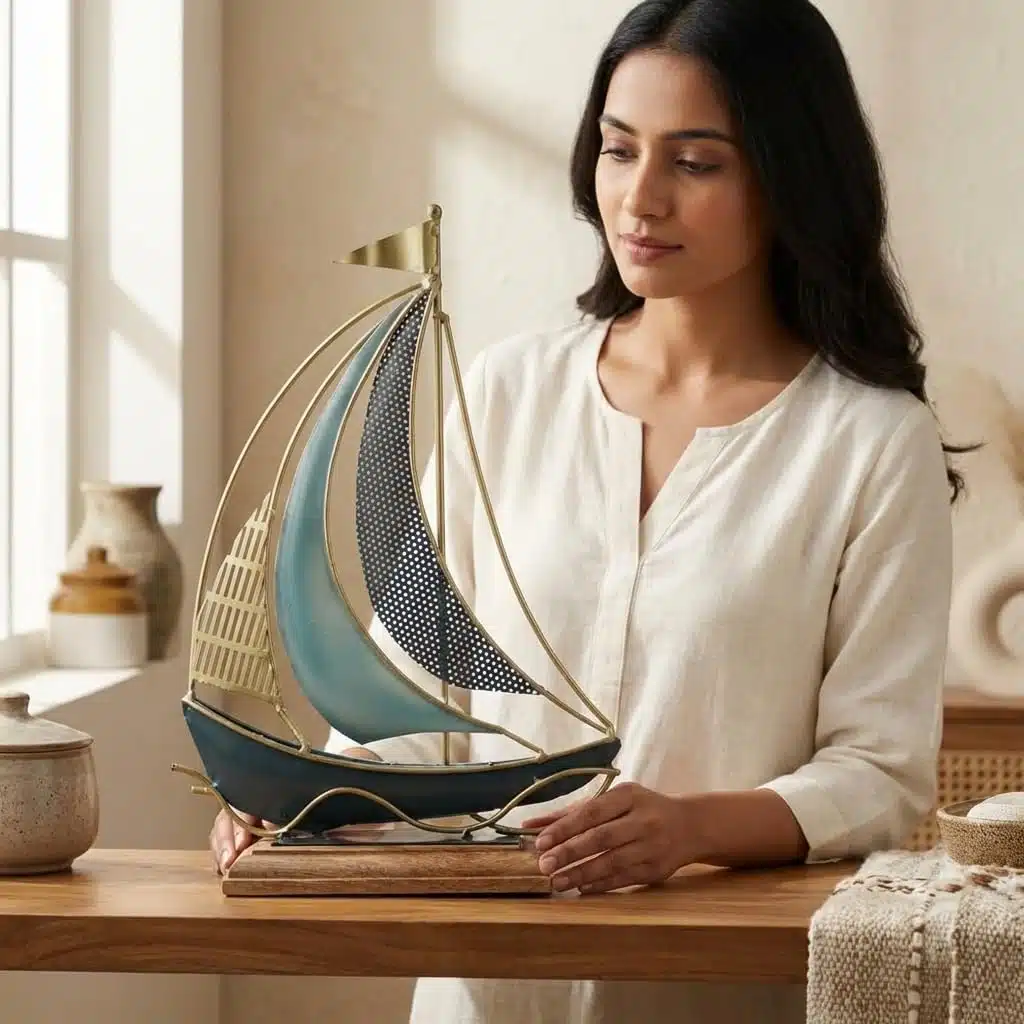 Vedas Exports Metal & Wood Boat Ship Showpiece for Home Decor – Table Decor Item for Living Room, Office Desk, Bedroom – Decorative Ship Model Gift Item (12 x 17 Inch) - Image 4