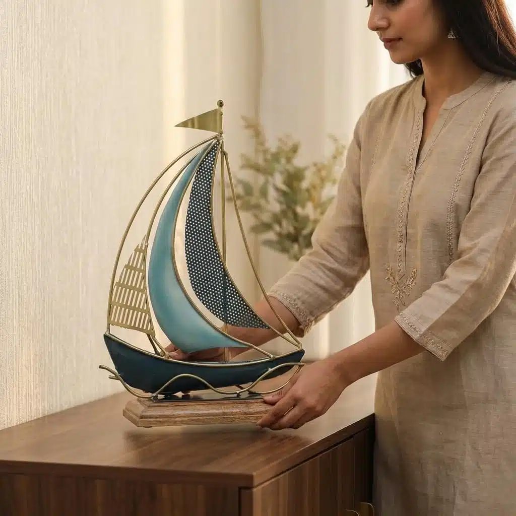 Vedas Exports Metal & Wood Boat Ship Showpiece for Home Decor – Table Decor Item for Living Room, Office Desk, Bedroom – Decorative Ship Model Gift Item (12 x 17 Inch) - Image 5
