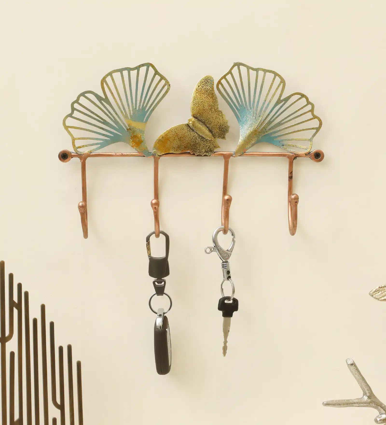 Leaf Key Holder for Wall - Theo Metal 4-Hook Key Hanger Rack