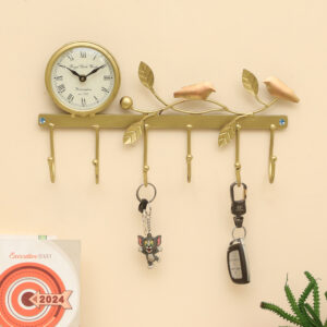 Singing Bird on Tree with Clock Metal Wall Hooks for Keys | 6-Hook Holder