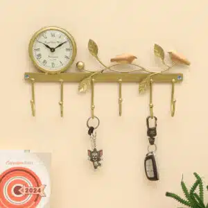 Singing Bird Tree Key Holder Wall Clock with six hooks for entryway wall organization