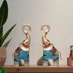 Myron Elephant Showpiece Set of 2 Hand Painted Metal Table Decor