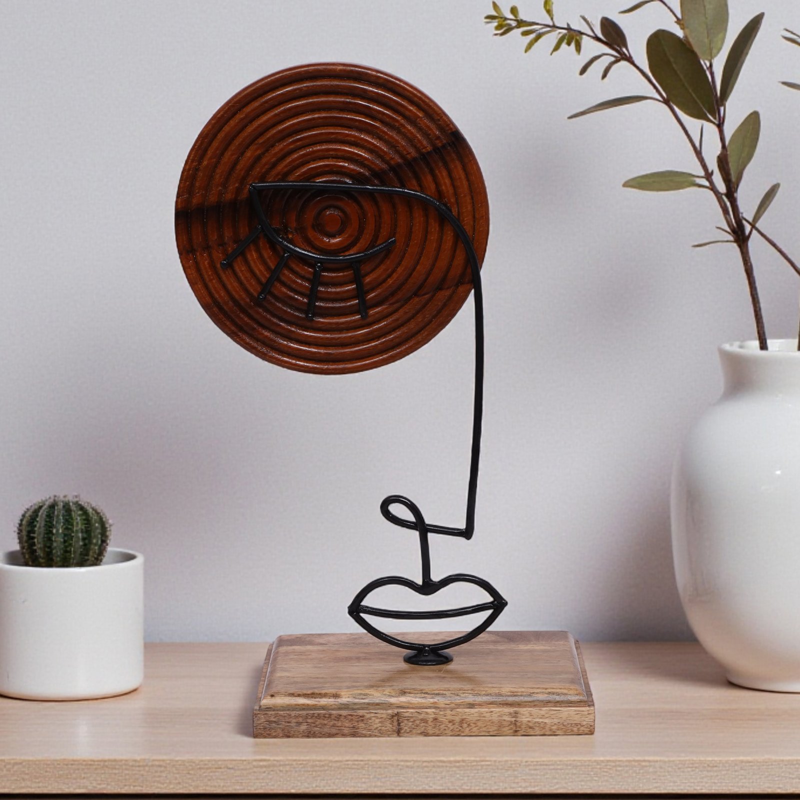 Metal & Wood Abel Face Table Decor Showpiece