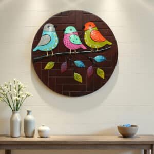 Metal Multicolor Hand Painted Indra Birds on Wooden Panel Wall Decor