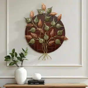 Metal Multicolor Levii Leaves on Wooden Panel Wall Decor