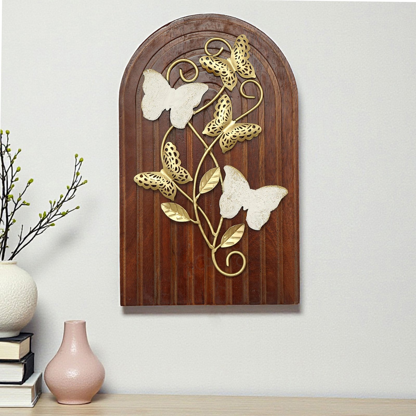 Metal Multicolor Saga Butterfly on Wooden Panel Wall Decor
