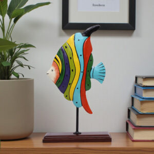 Metal & Wood Cod Hand Painted Fish Showpiece Table Decor